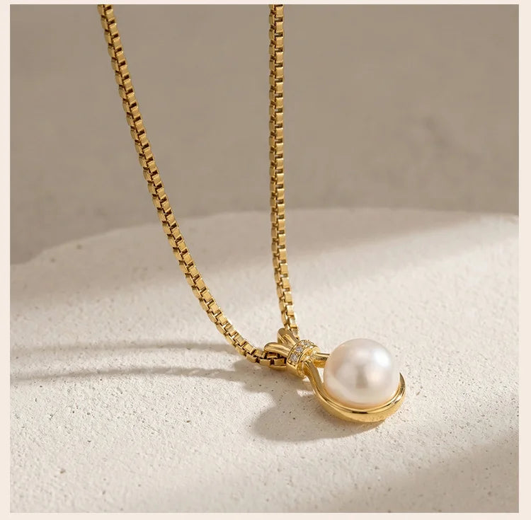 Elegant Gold Stainless Steel Faux Pearl Pendant Necklace – Minimalist Women's Choker Jewelry