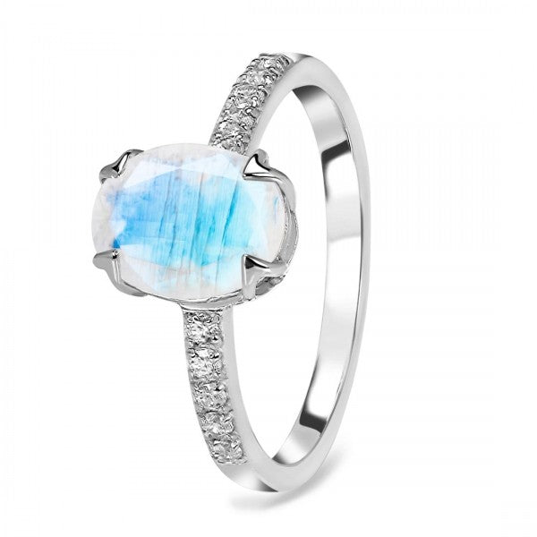 Oval Moonstone Ring with White Topaz | 925 Sterling Silver