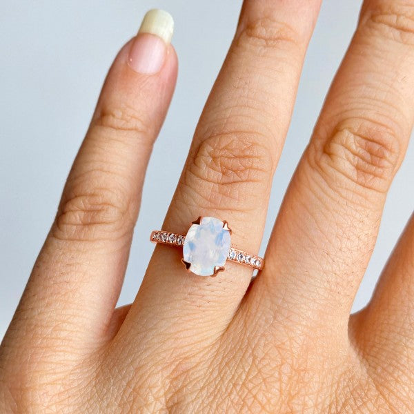 Oval Moonstone Ring with White Topaz | 925 Sterling Silver