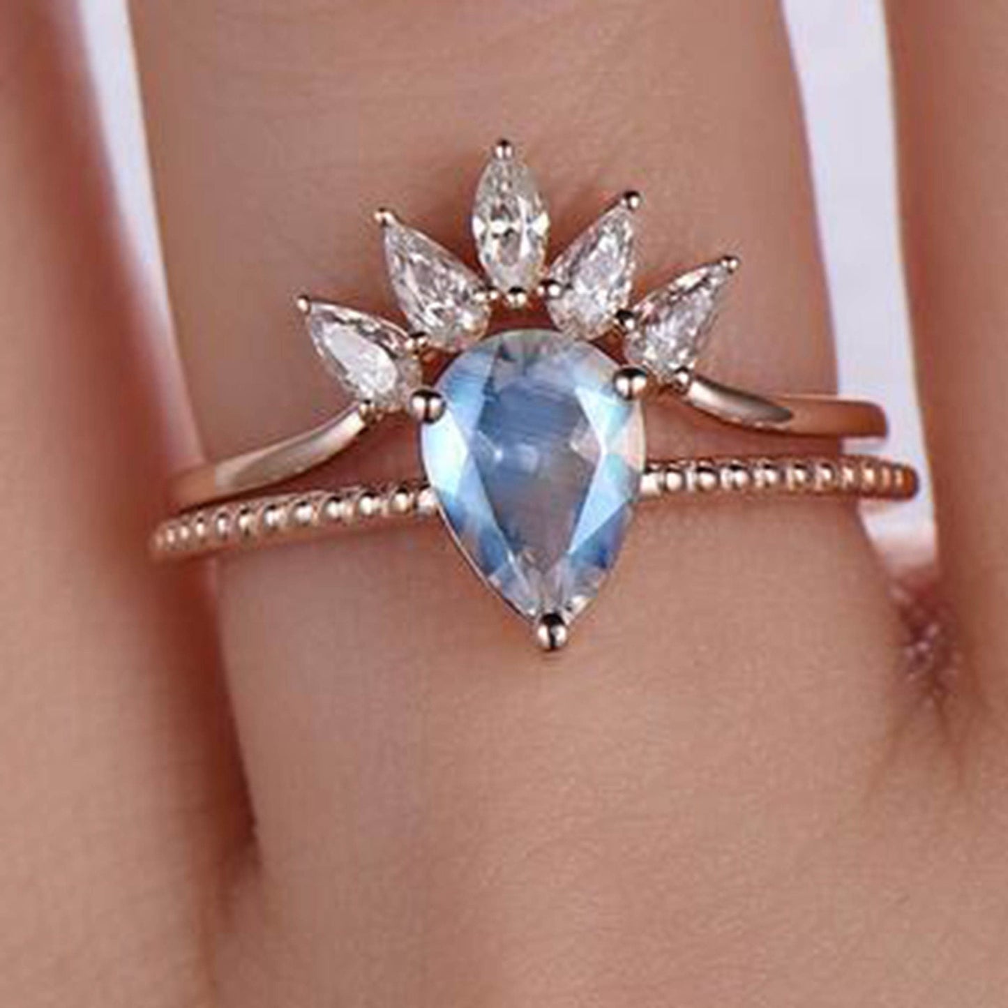 Moonstone Ring Set \ Natural Blue Moonstone and White Topaz Stackable Ring \ 925 Sterling Silver Gold Vermeil Ring \ Rose Gold Ring