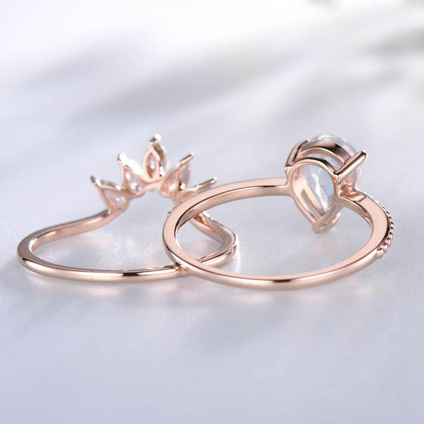Moonstone Ring Set \ Natural Blue Moonstone and White Topaz Stackable Ring \ 925 Sterling Silver Gold Vermeil Ring \ Rose Gold Ring
