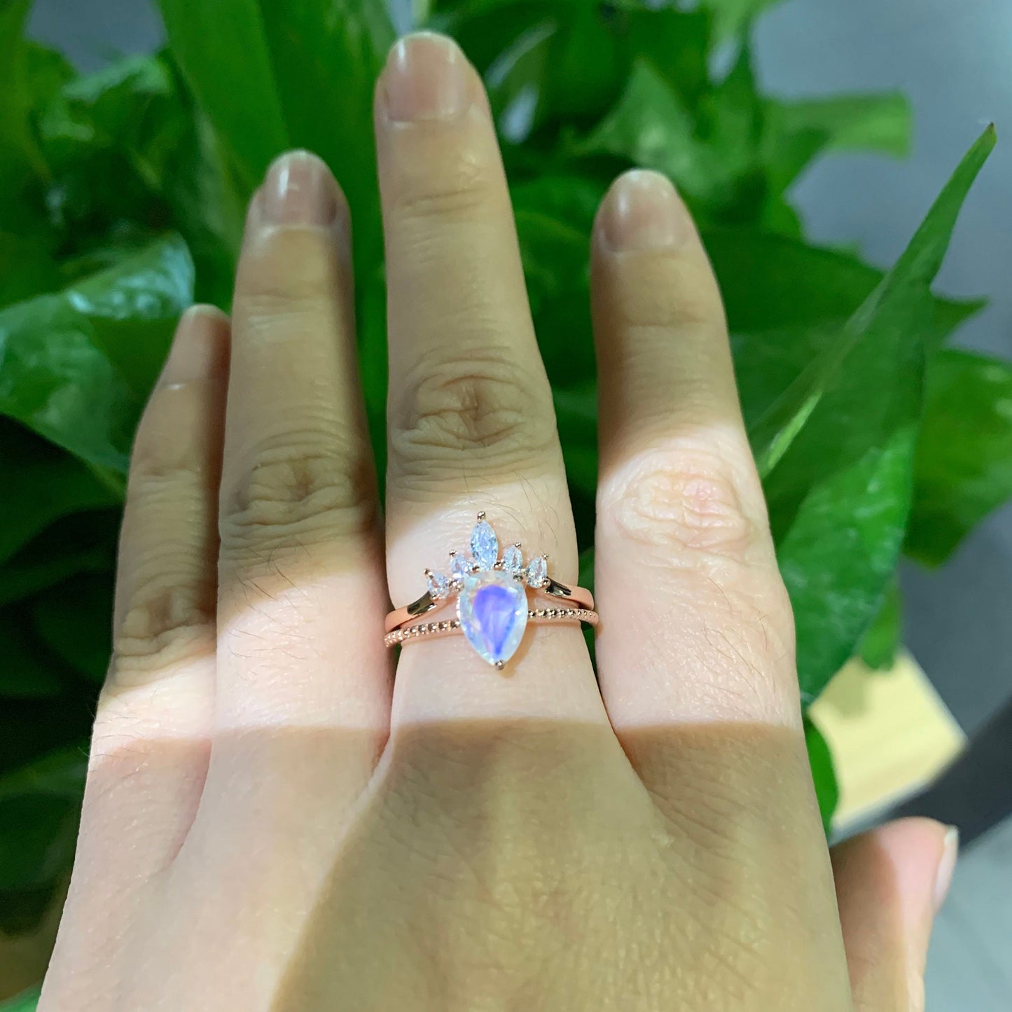 Moonstone Ring Set \ Natural Blue Moonstone and White Topaz Stackable Ring \ 925 Sterling Silver Gold Vermeil Ring \ Rose Gold Ring