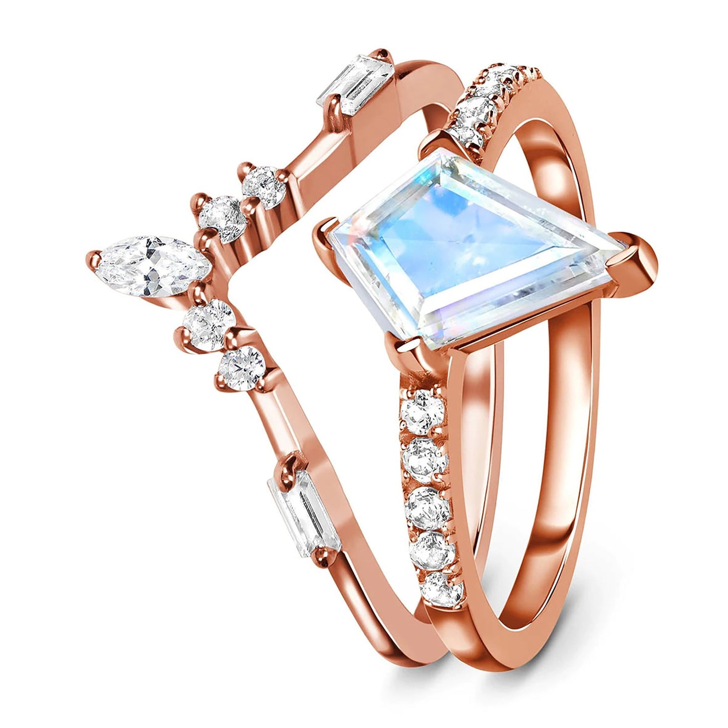 Moonstone Ring Set \ Natural Blue Moonstone and White Topaz Stackable Ring \ 925 Sterling Silver Gold Vermeil Ring \ Rose Gold Ring