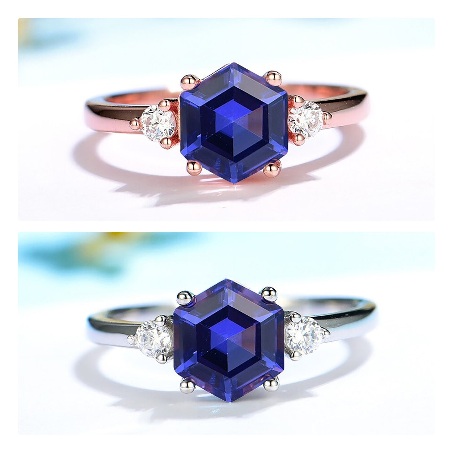 Hexagon Morganite Ring, Solid 925 Silver Gemstone Ring