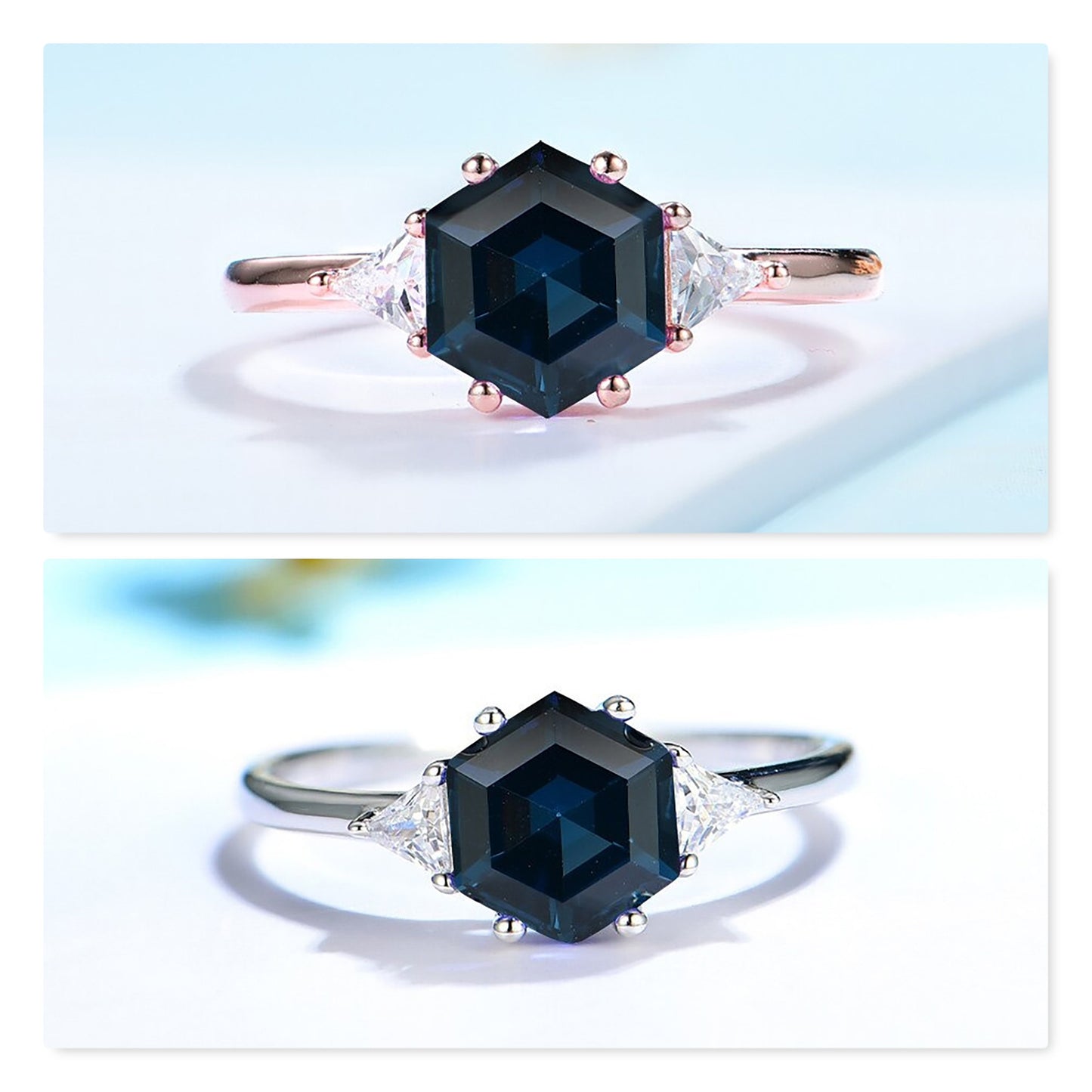 Hexagon Morganite Ring, Solid 925 Silver Gemstone Ring