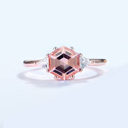 Hexagon Morganite Ring in 925 Sterling Silver | Elegant Gemstone Ring with Choice of London Blue or Tanzanite