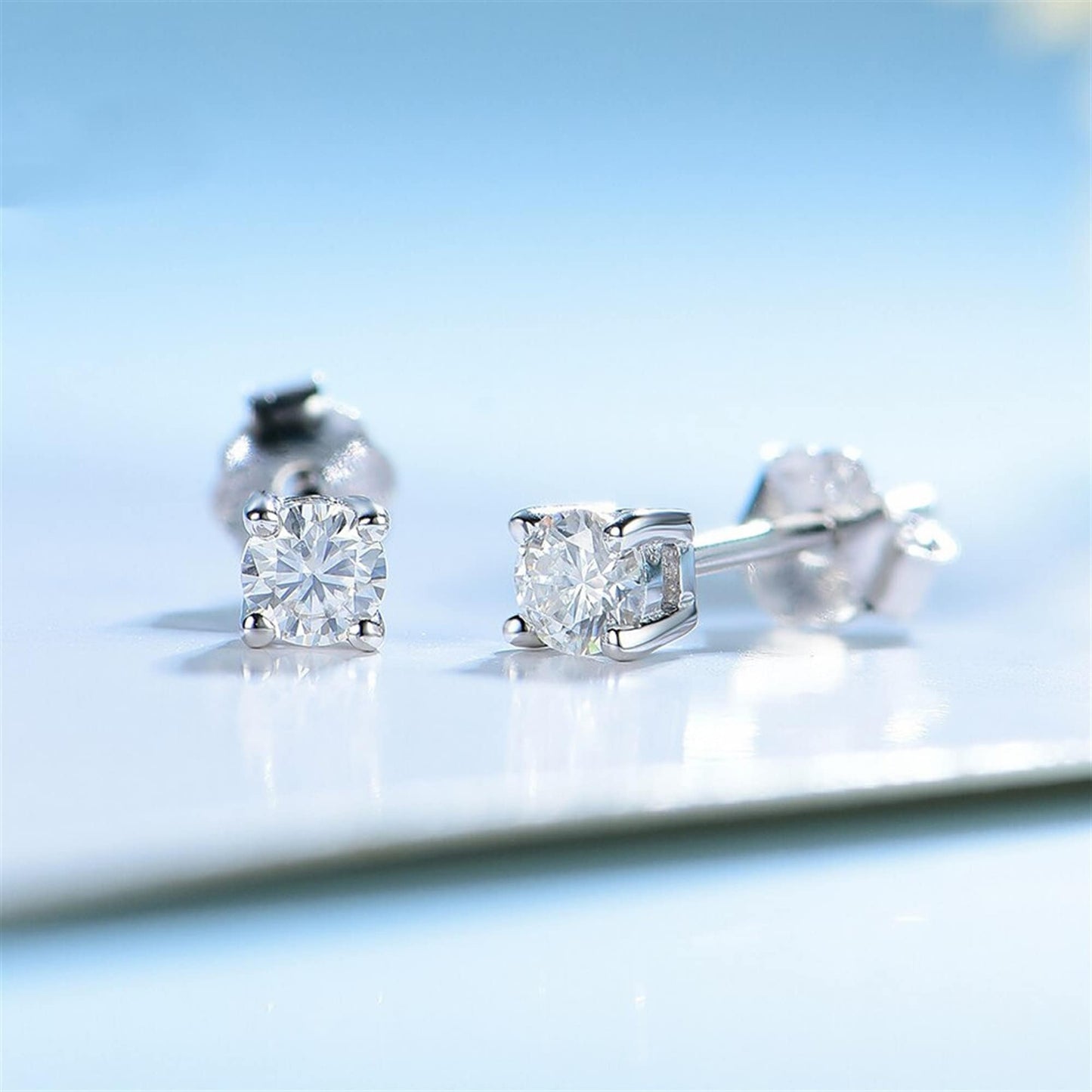 Moissanite Stud Earrings, Solid 925 Sterling Silver with 585 Gold Plating, Dainty Stud Earrings for Women