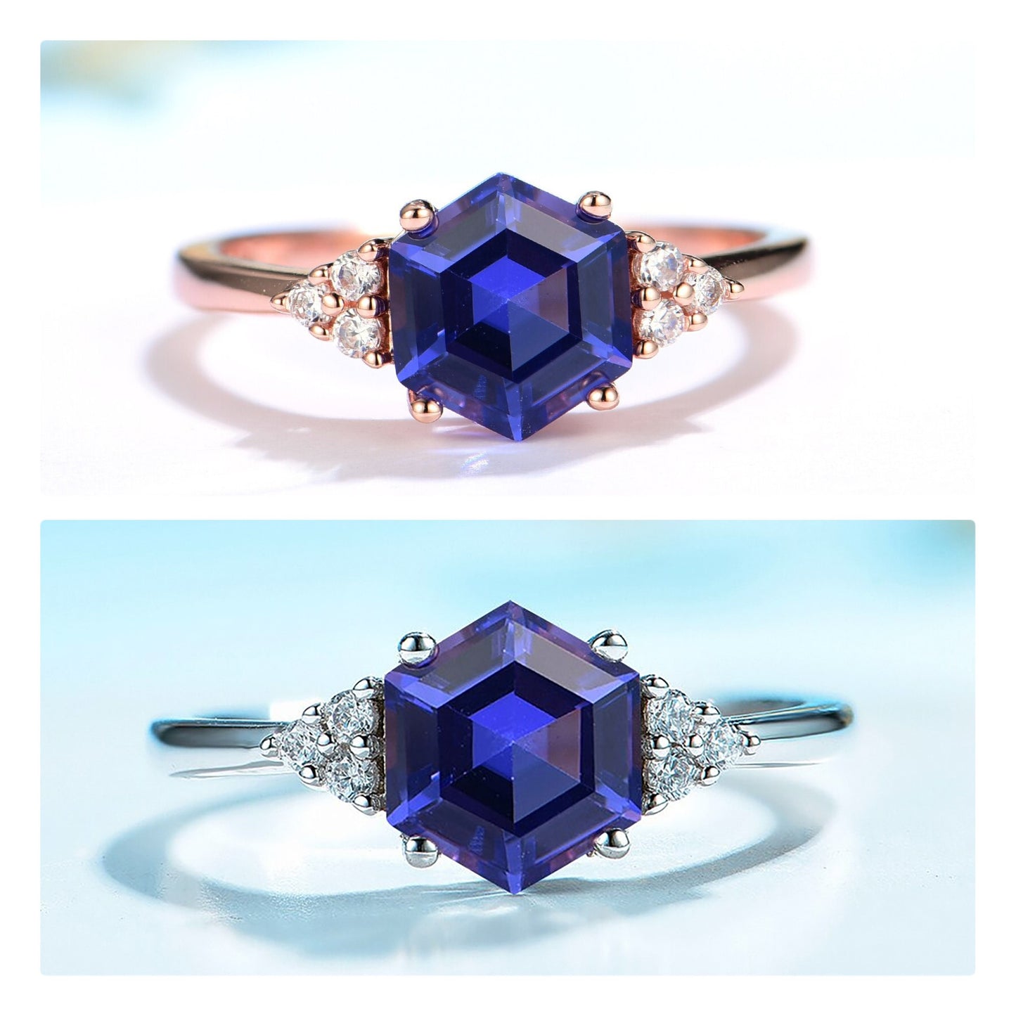 Hexagon Morganite Ring, Solid 925 Silver Gemstone Ring