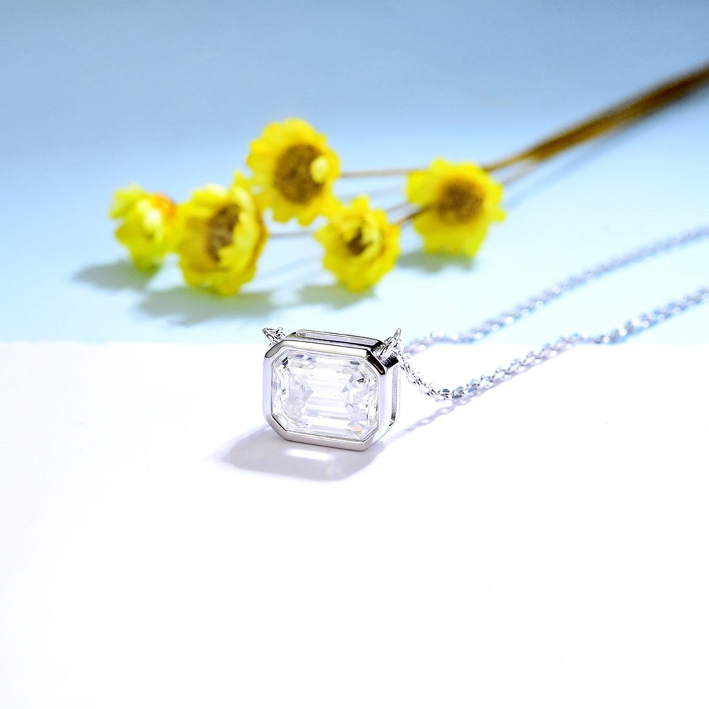 2.0ct Emerald cut Moissanite Necklace, Soild 925 silver Necklace, Moissanite Pendant, Moissanite Chain Necklace, Single Diamond Nekclace