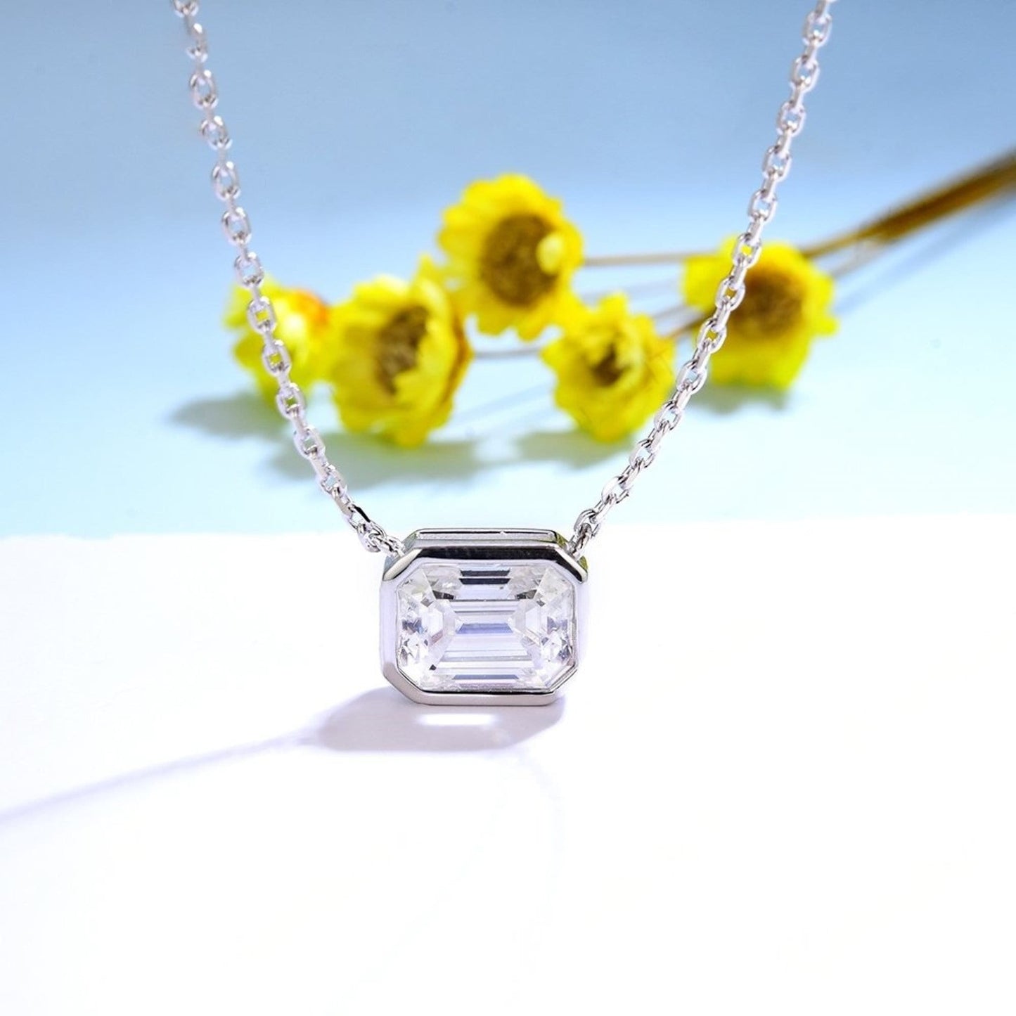 2.0ct Emerald cut Moissanite Necklace, Soild 925 silver Necklace, Moissanite Pendant, Moissanite Chain Necklace, Single Diamond Nekclace