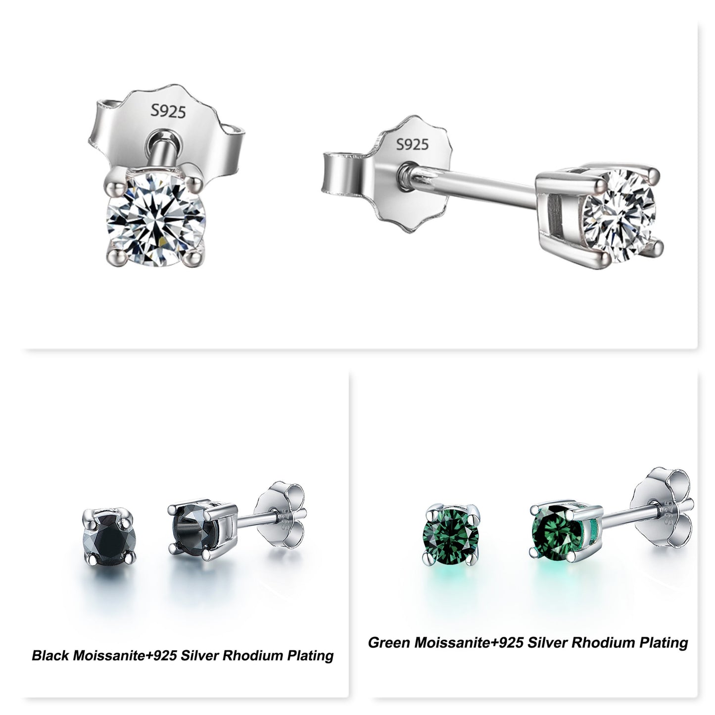 Moissanite Stud Earrings, Solid 925 Sterling Silver with Rhodium Plating, Dainty Stud Earrings for Women