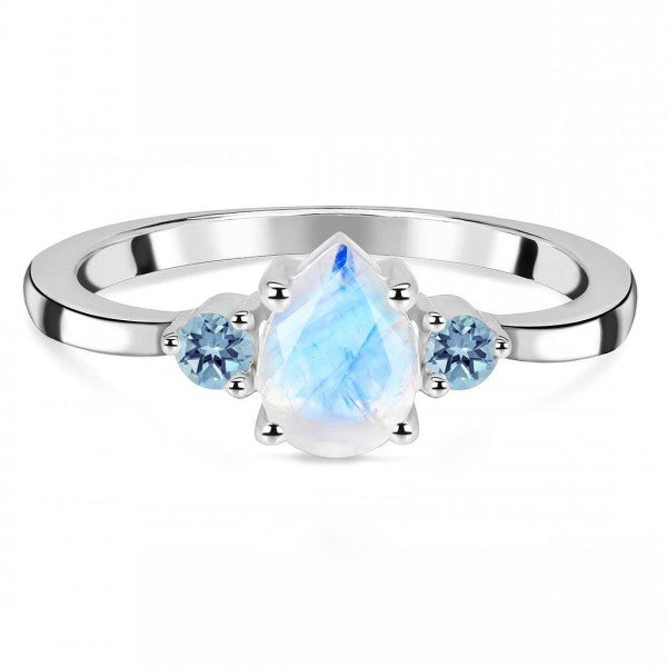 Delicate Moonstone Drop Ring with Blue Topaz Accent | Perfect for a Sparkling Night Out