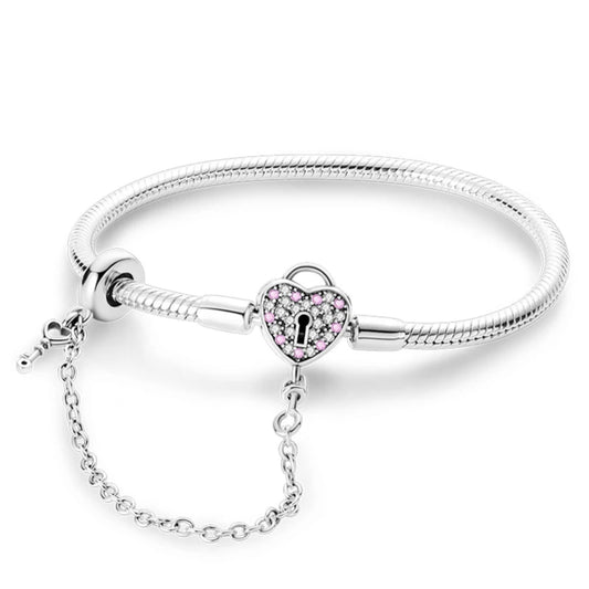 Silver Charm Bracelet Heart Lock