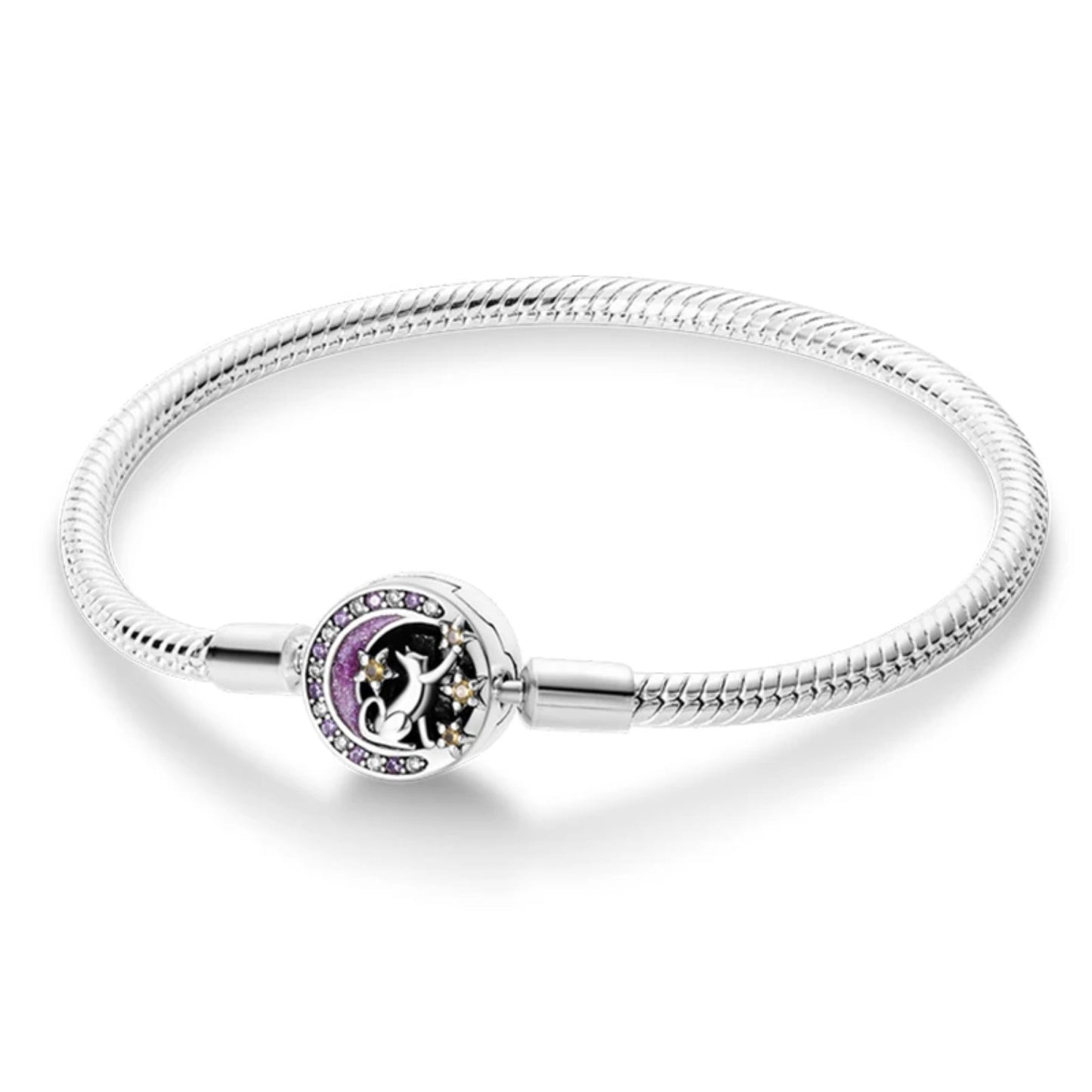 Cat at Night Sky Silver Charm Bracelet