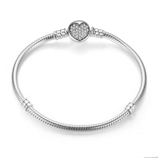 Zircon Encrusted Heart Silver Charm Bracelet