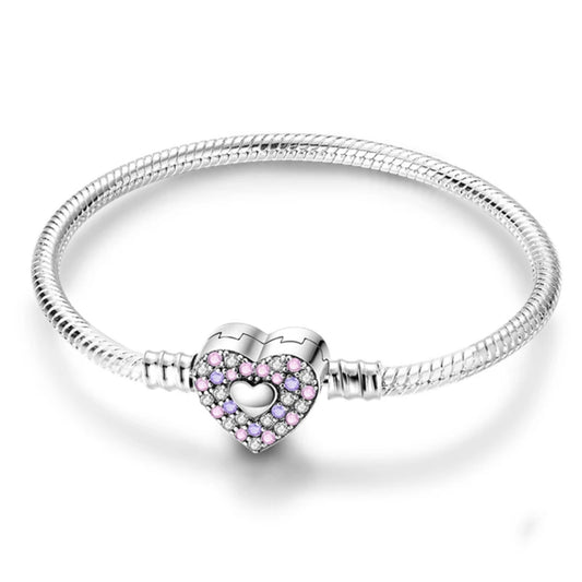 Colorfull Crystal Heart SIlver Charm Bracelet