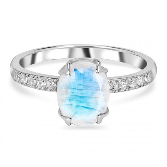 Oval Moonstone Ring with White Topaz | 925 Sterling Silver