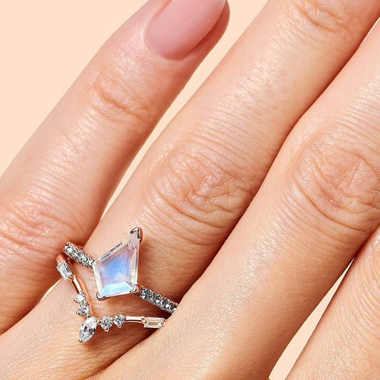 Moonstone Ring Set \ Natural Blue Moonstone and White Topaz Stackable Ring \ 925 Sterling Silver Gold Vermeil Ring \  Rose Gold Ring