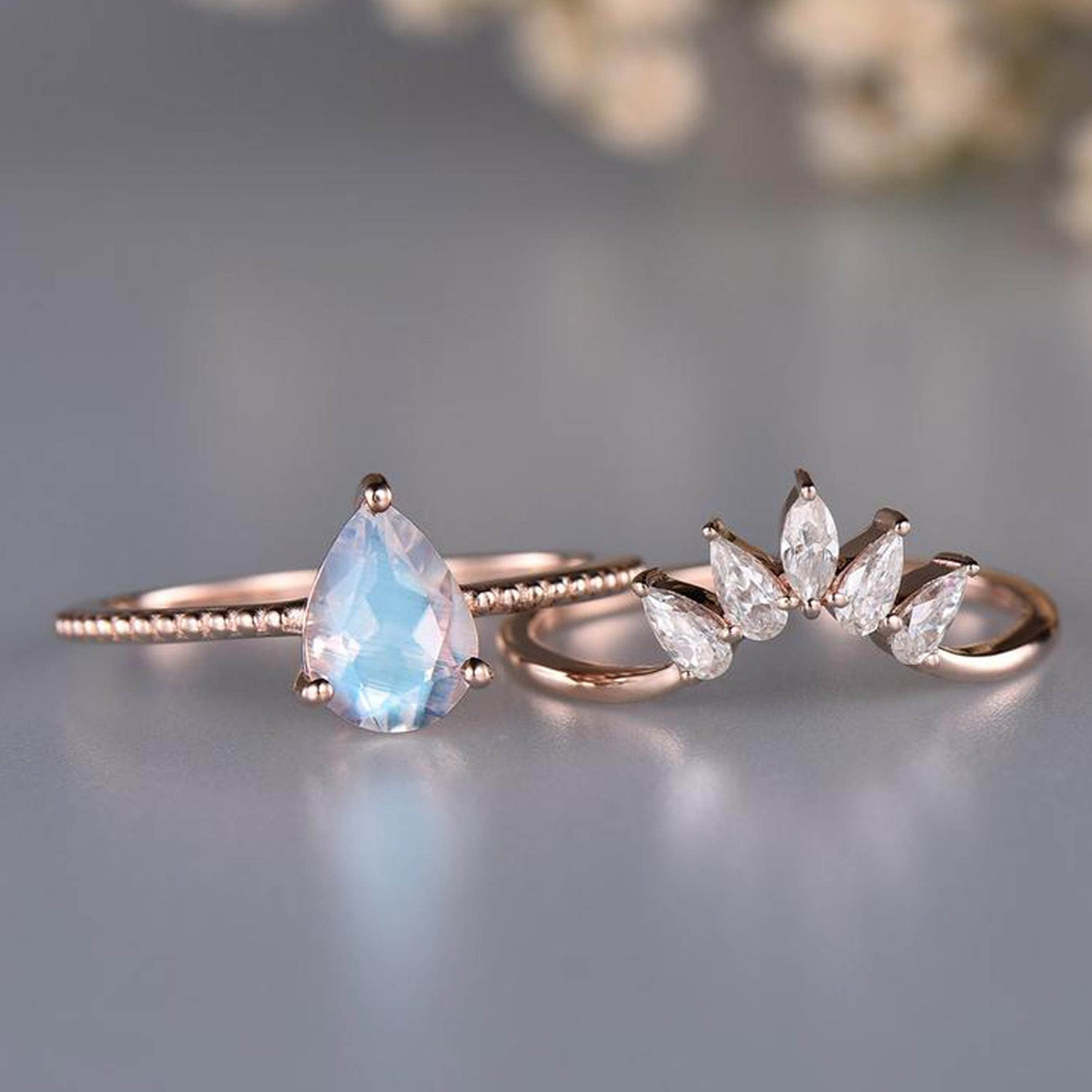 Moonstone Ring Set \ Natural Blue Moonstone and White Topaz Stackable Ring \ 925 Sterling Silver Gold Vermeil Ring \ Rose Gold Ring