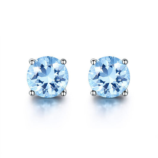Aquamarine Gemstone Stud Earrings, Solid 925 Sterling Silver, Dainty Stud Earrings for Women, Rhodium Plating
