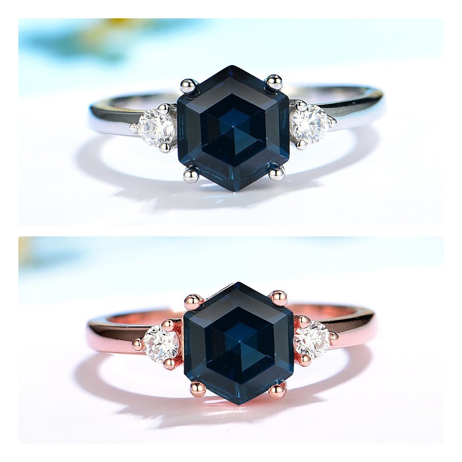Hexagon Morganite Ring, Solid 925 Silver Gemstone Ring