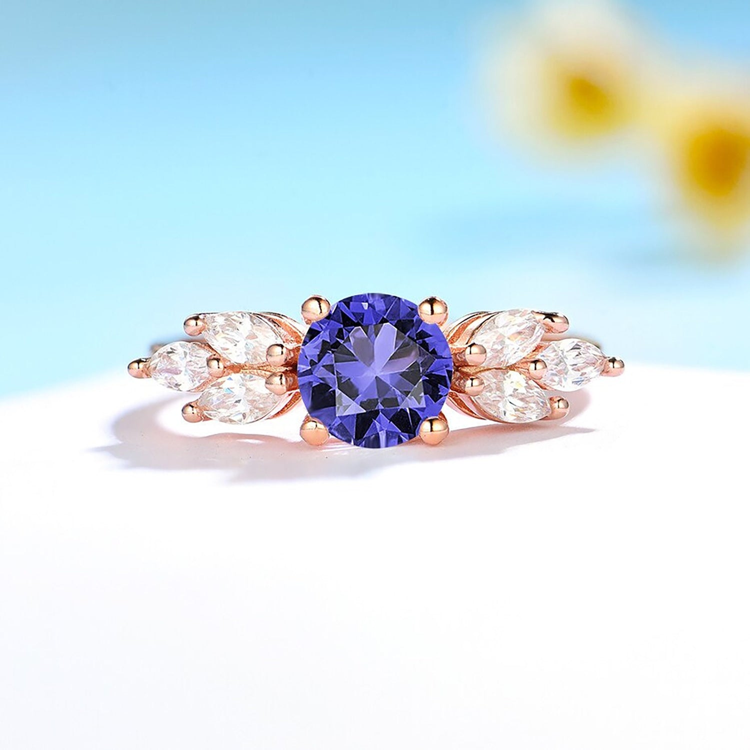 Rose Gold Morganite Ring \ Morganite Gemstone Ring \ London Blue Tanzanite Emerald Ring \ 925 Sterling Silver \ Engagement Ring