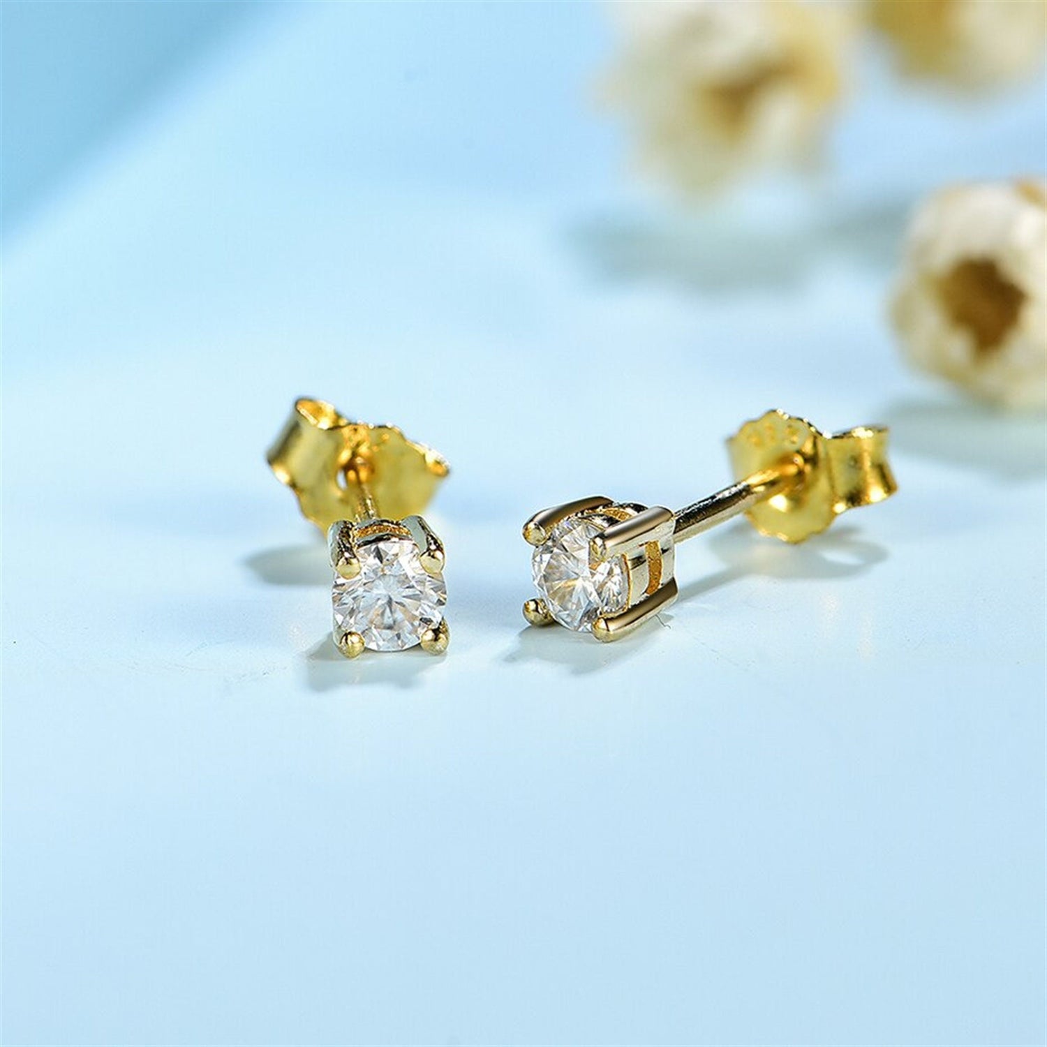 Moissanite Stud Earrings, Solid 925 Sterling Silver with 585 Gold Plating, Dainty Stud Earrings for Women