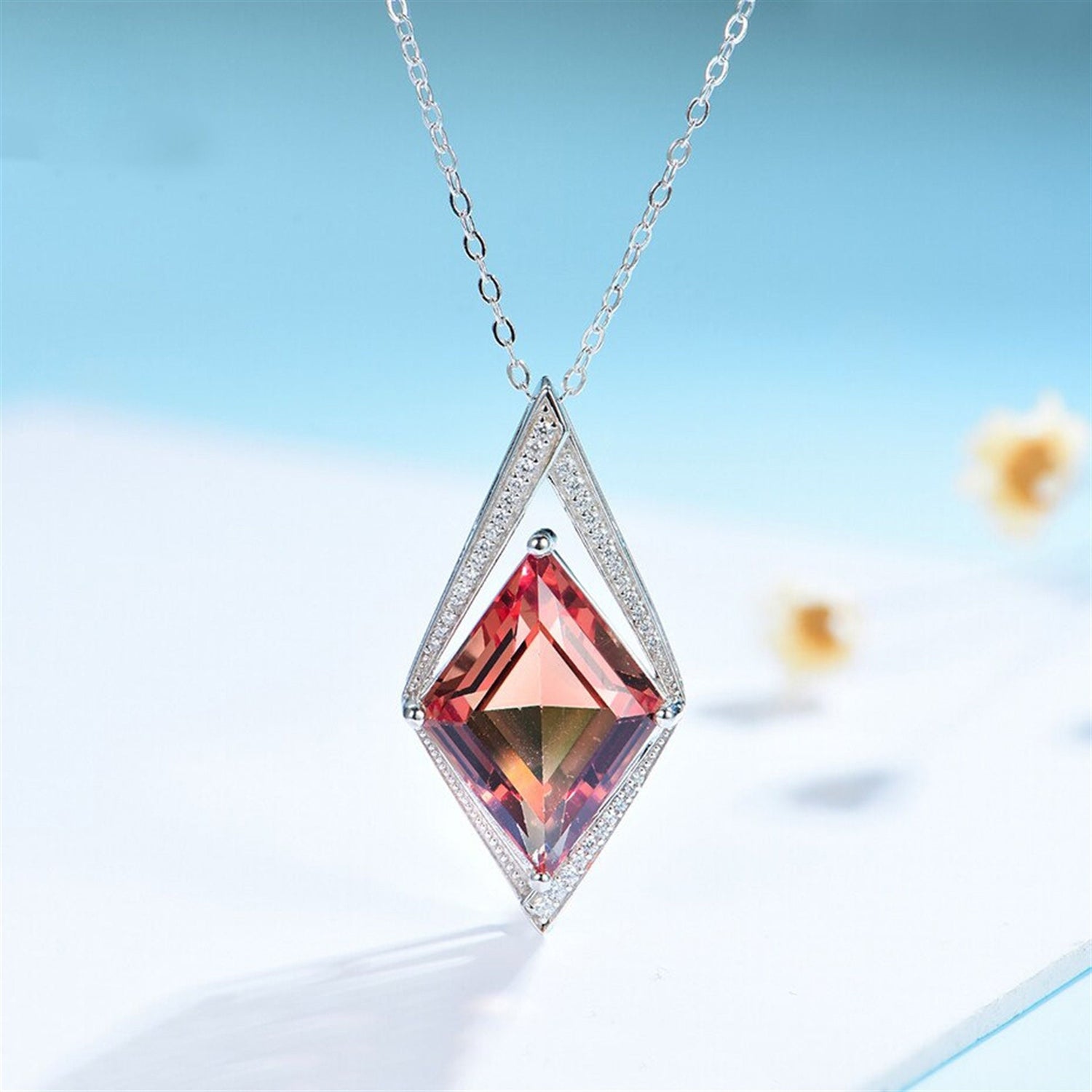 Zultanite 925 Silver Pendant Necklace, Rhombus Created Zultanite Necklace