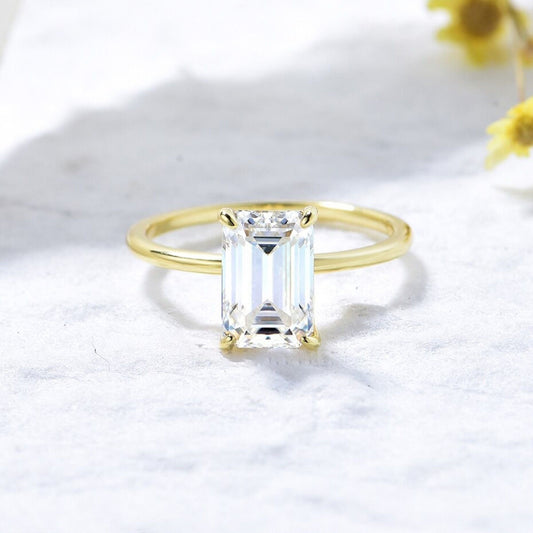 Moissanite Engagement Solitaire Ring, Wedding Ring, 925 Silver, Solid Gold, 2.5CT Emerald Cut
