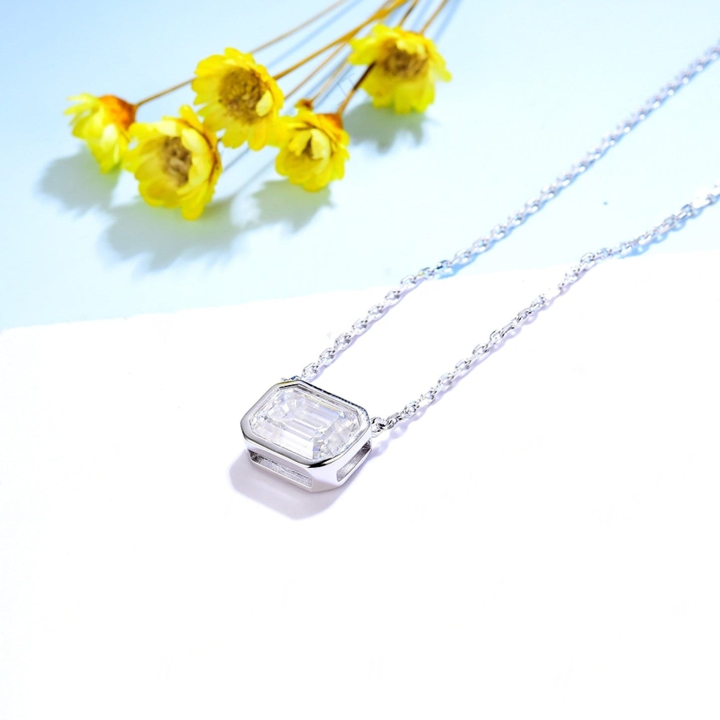 2.0ct Emerald cut Moissanite Necklace, Soild 925 silver Necklace,  Moissanite Pendant, Moissanite Chain Necklace, Single Diamond Nekclace