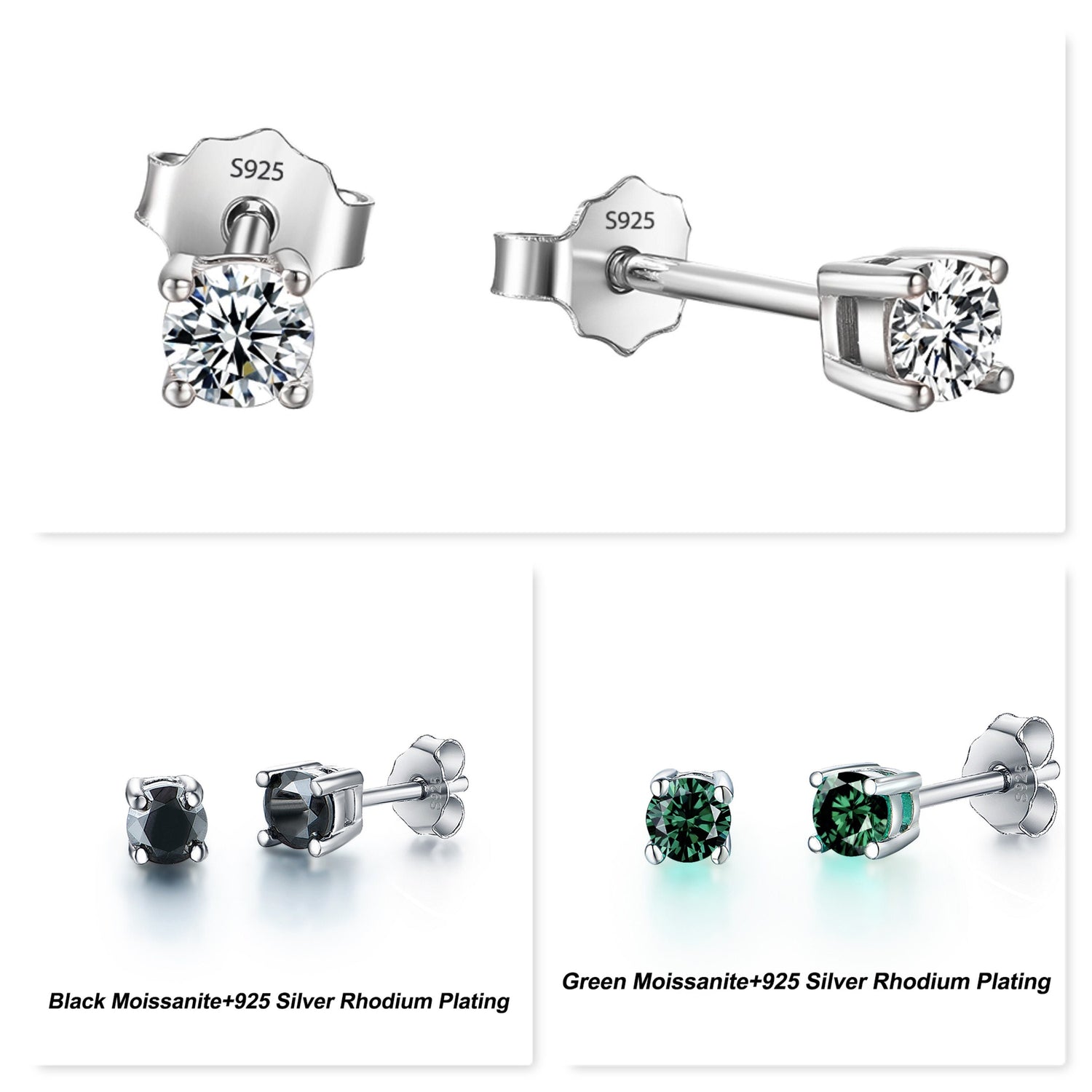 Moissanite Stud Earrings, Solid 925 Sterling Silver with Rhodium  Plating, Dainty Stud Earrings for Women