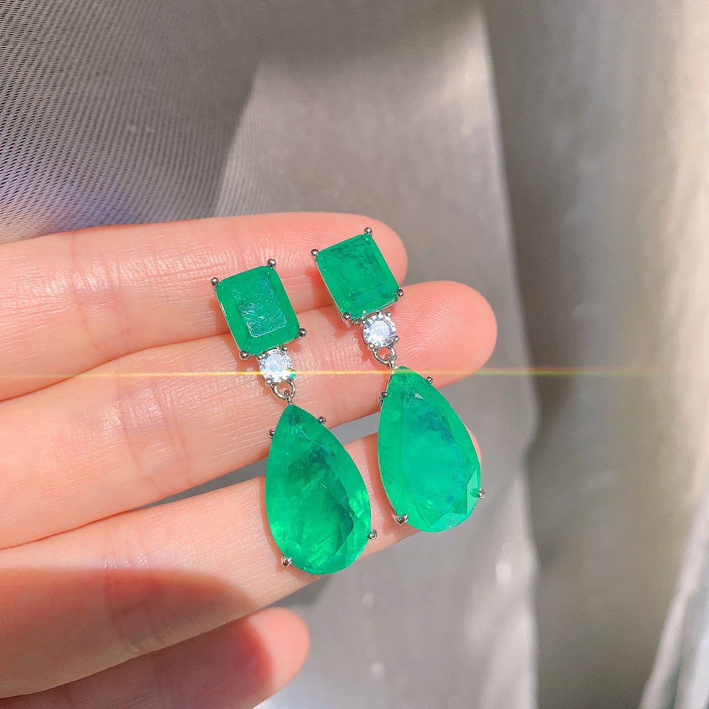 Paraiba Tourmaline Drop Earrings \ Dangle Earrings \ Pear Tourmaline Earrings \ Emerald Green Drop Earrings \ Ocean Blue Tourmaline Earrings