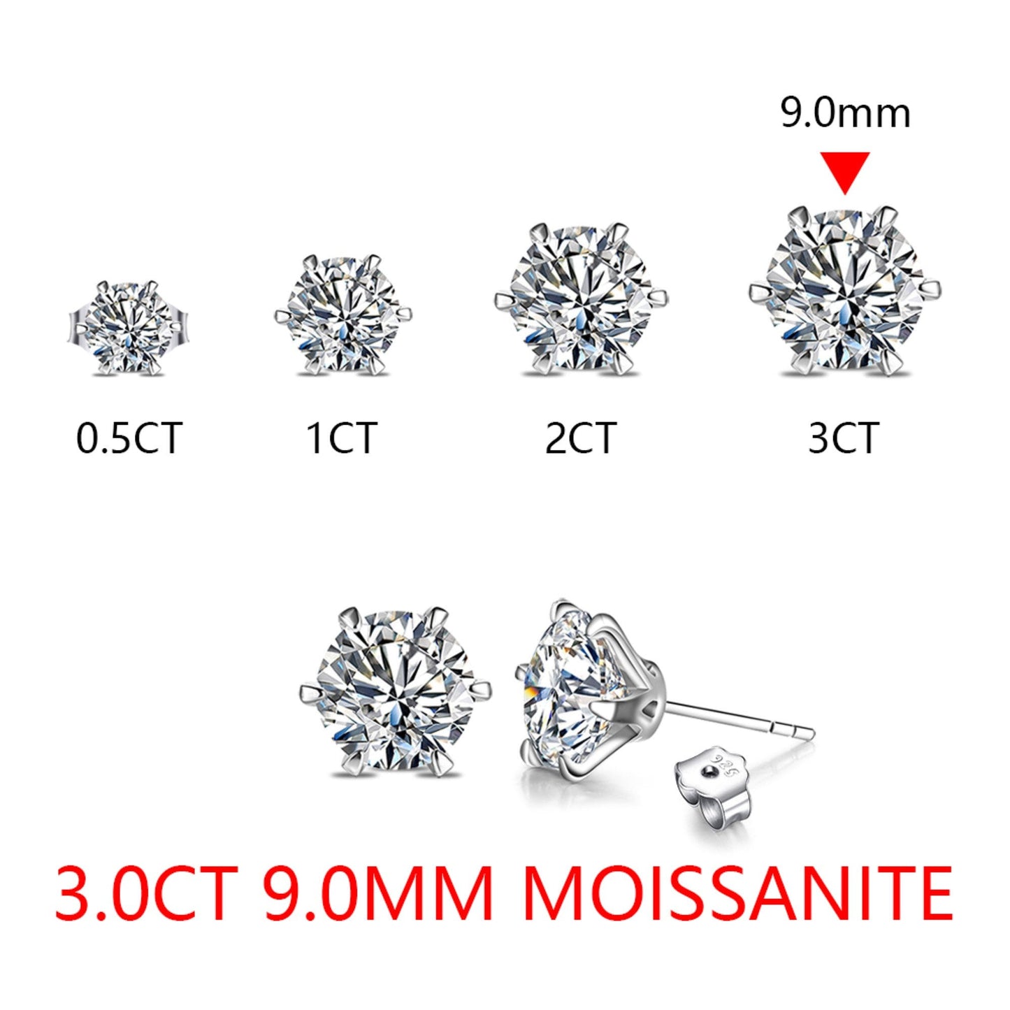 Moissanite Earring Studs 3ct, Solid 925 Sterling Silver Earrings