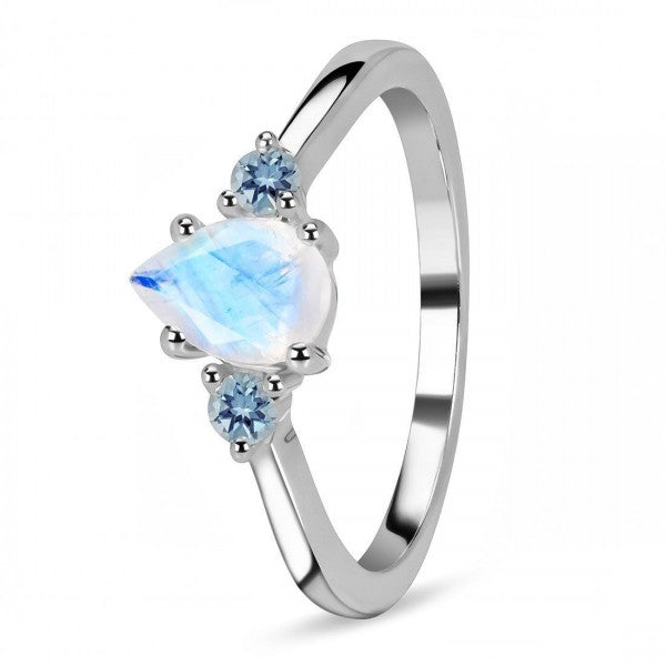 Delicate Moonstone Drop Ring with Blue Topaz Accent | Perfect for a Sparkling Night Out