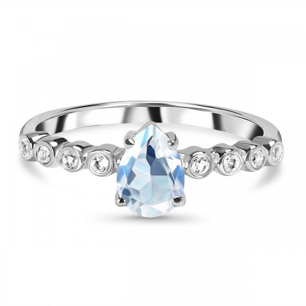 Delicate Moonstone Drop Ring with White Topaz Accent | A Blend of Romance, Intuition, and Style